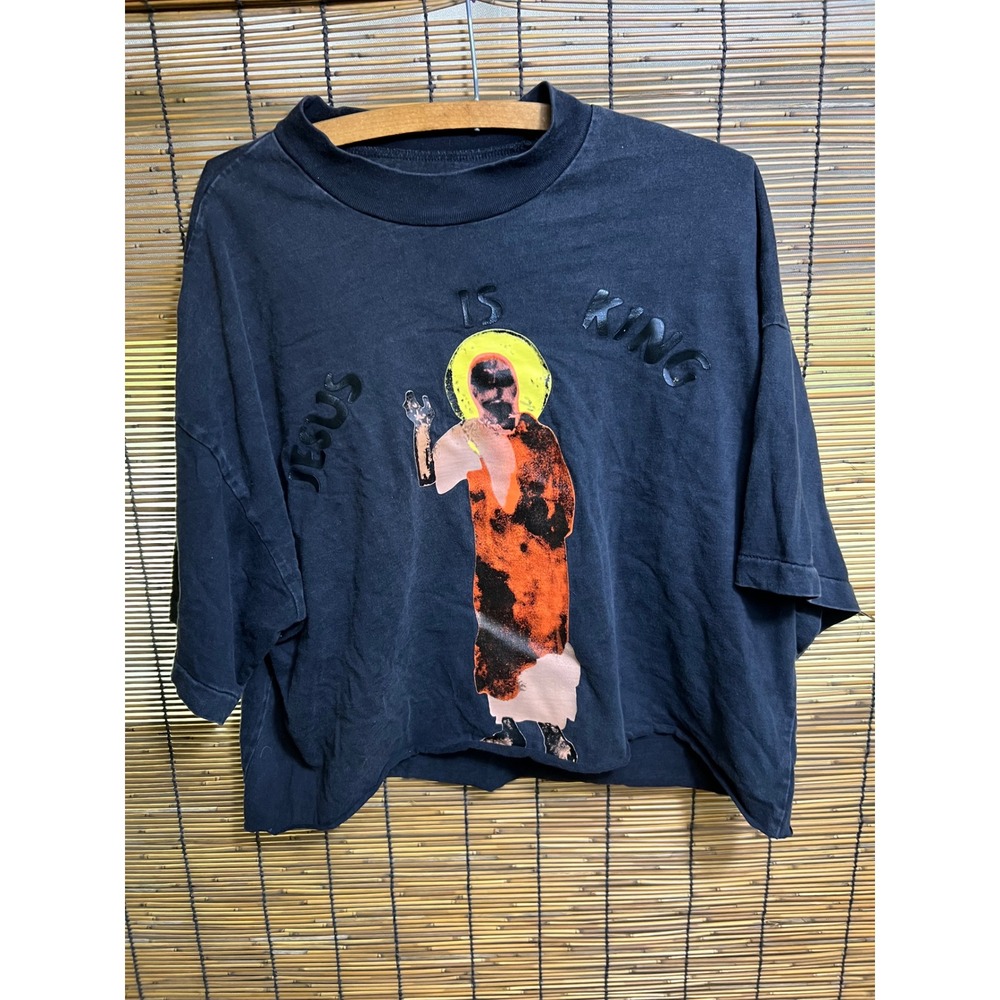 Cropped Kanye West XL Jesus Is King T-Shirt Faded Black Boxy Puff Print Cotton